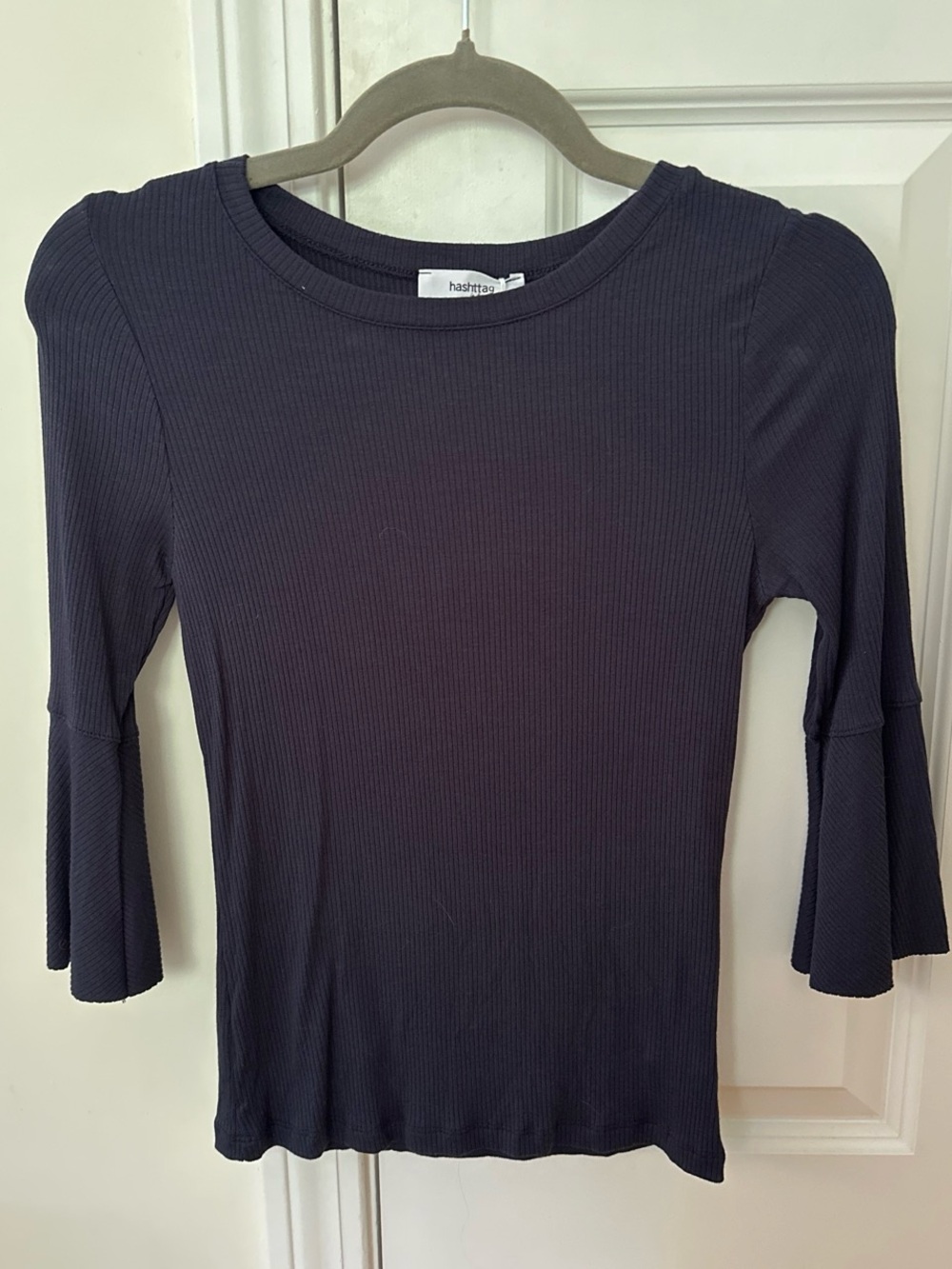 Hashtag Ribbed Bell-Sleeve Long-Sleeve Top - Navy